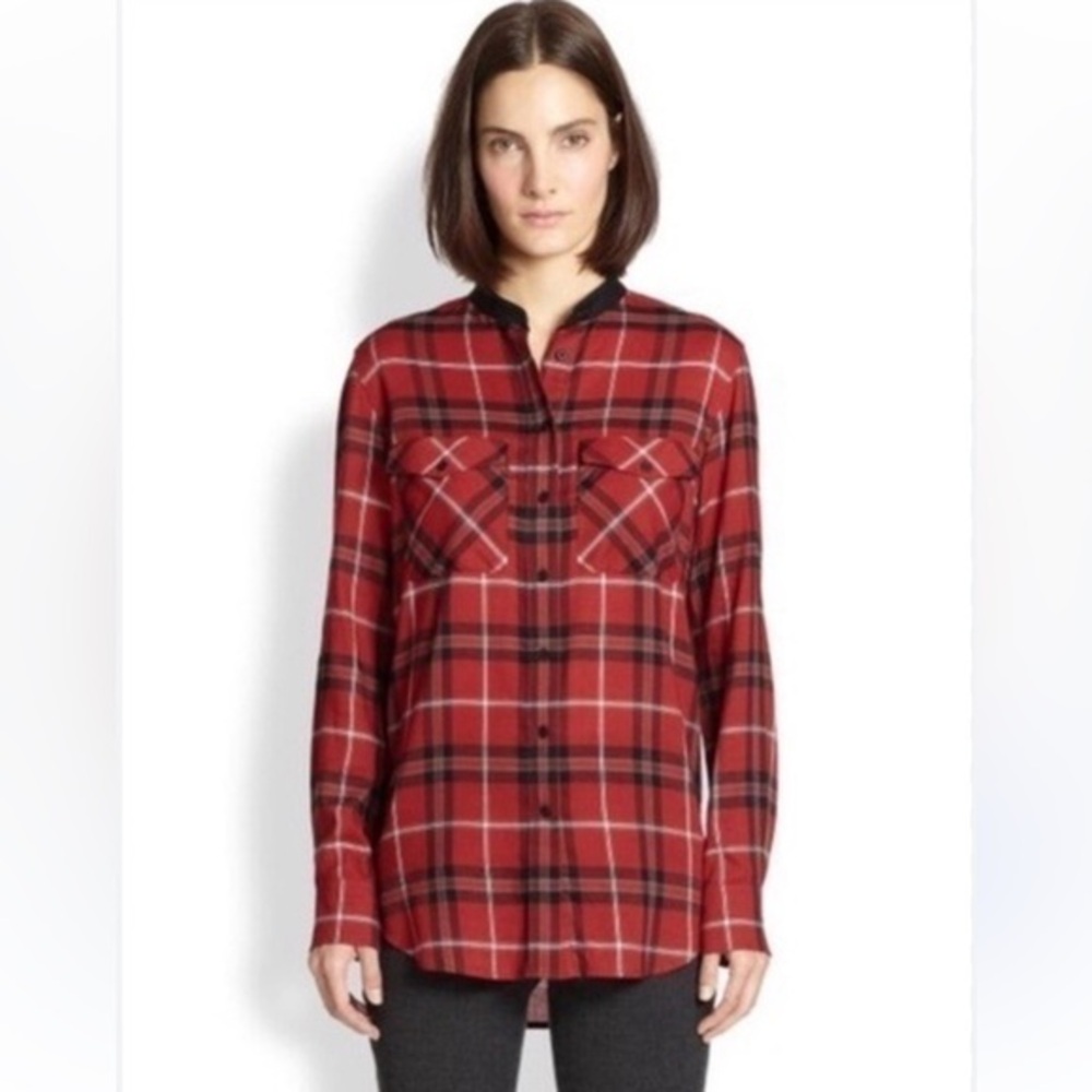 Vince Red Plaid Button-Up Shirt with faux leather neckline trim